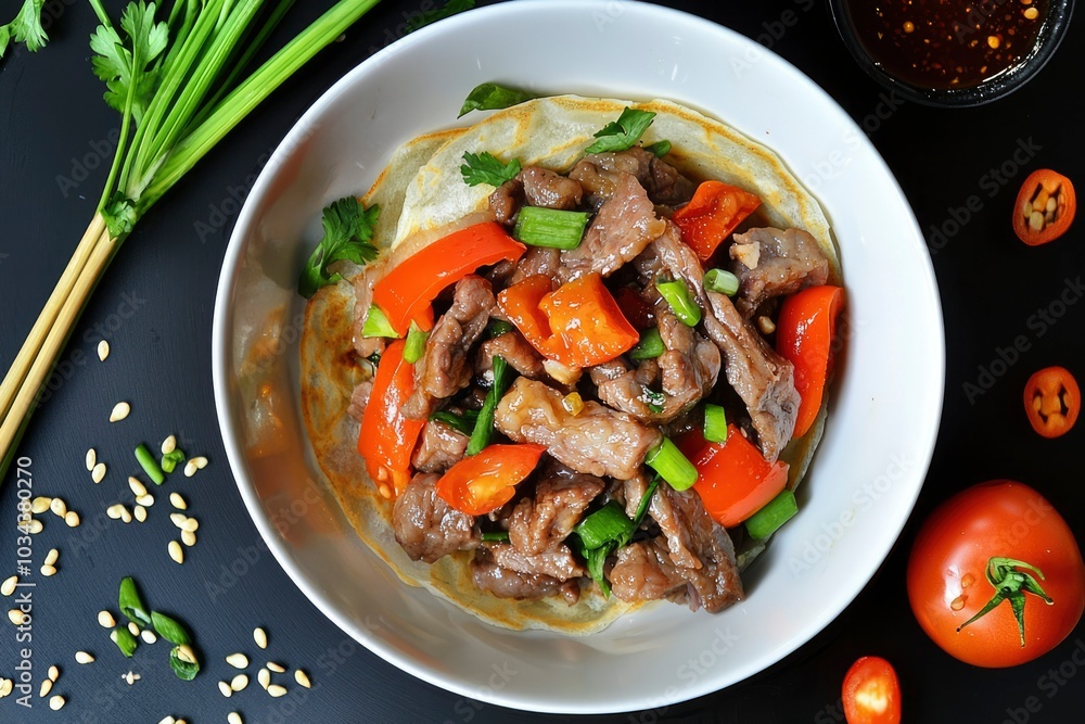 Beef Stir-Fry with Bell Peppers and Green Onions Served on a Flatbread Beef Stir-Fry with Bell Peppers and Green Onions Served on a Flatbread