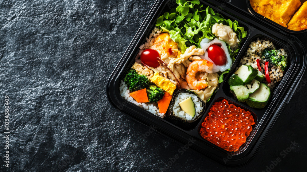 Delicious mixed meal with chicken, vegetables, and rice arranged in a black bento box on a dark surface Delicious mixed meal with chicken, vegetables, and rice arranged in a black bento box on a dark surface