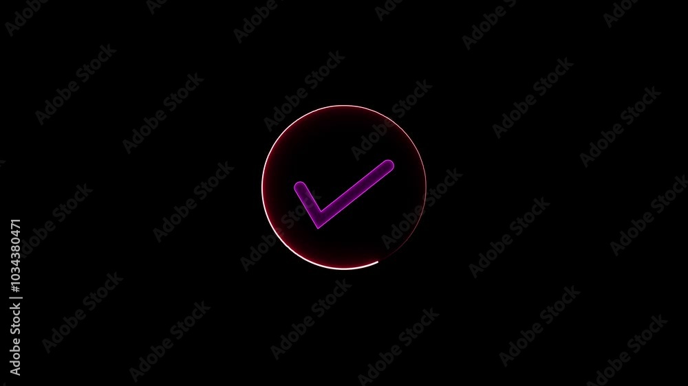 Neon line concept tick mark icon animation pink color on black background Neon line concept tick mark icon animation pink color on black background
