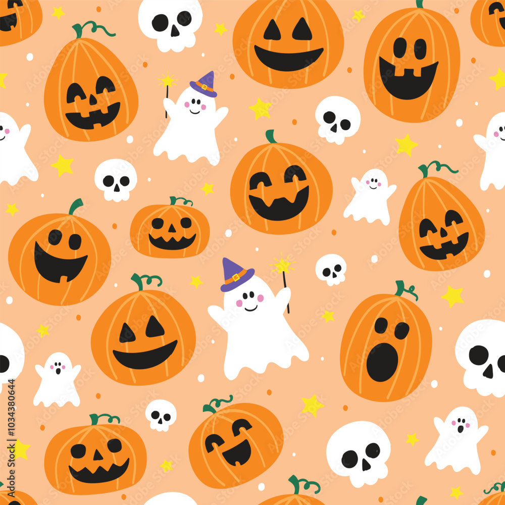 Design of Halloween pattern with cute pumpkin lanterns, ghosts and skulls. Vector illustration Design of Halloween pattern with cute pumpkin lanterns, ghosts and skulls. Vector illustration