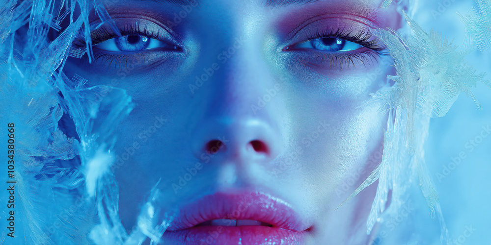 Fototapeta premium Enigmatic beauty: close-up portrait with frosted ice details and bold makeup