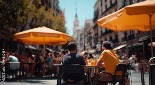 an open-air cafe on the streets of Madrid, Spain, in a sunny summer. photo