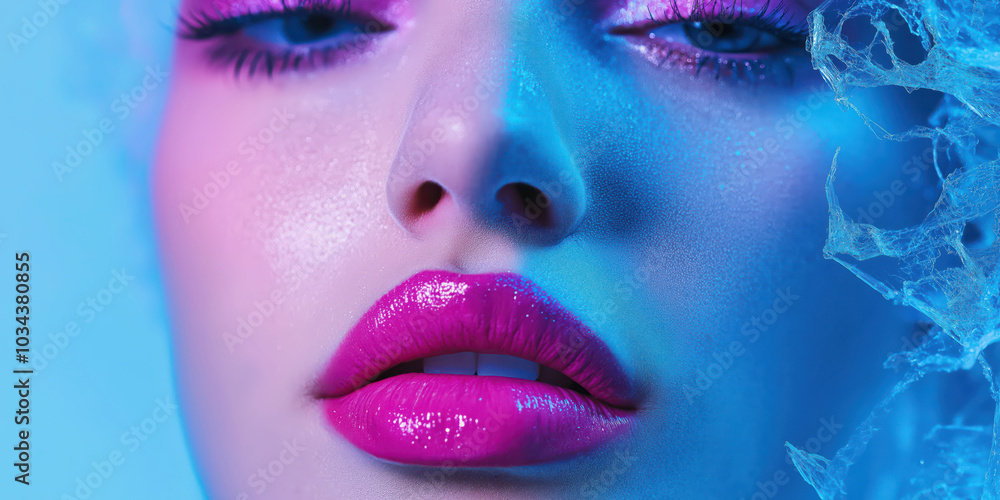 Close-up portrait with vibrant makeup in neon lighting Close-up portrait with vibrant makeup in neon lighting