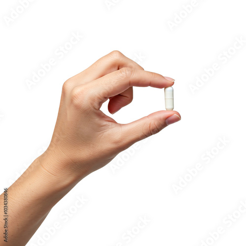 Hand holding awhite capsule isolated on white background. white pill isolated. High quality photo