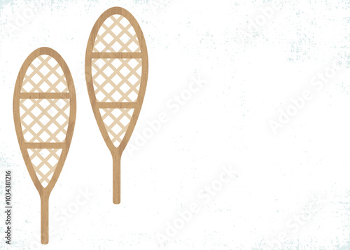 A pair of snow shoes on snowy grunge background, in a cut paper style with textures
