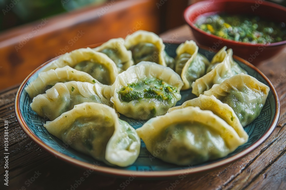 Steamed Green Dumplings Served on a Blue Plate Steamed Green Dumplings Served on a Blue Plate