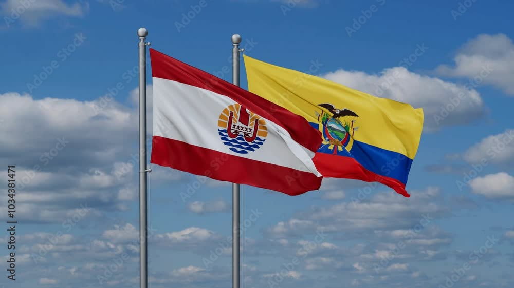Ecuador and French Polynesia flags flying together, video concept of the relationship, two country relations concept Ecuador and French Polynesia flags flying together, video concept of the relationship, two country relations concept