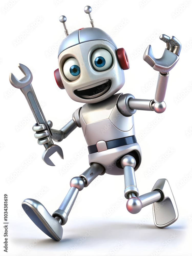 A humorous robot sporting a goofy grin is caught tripping over a standard scale, clutching a wrench A humorous robot sporting a goofy grin is caught tripping over a standard scale, clutching a wrench