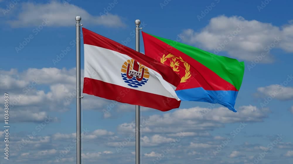 Eritrea and French Polynesia flags flying together, video concept of the relationship, two country cooperation concept Eritrea and French Polynesia flags flying together, video concept of the relationship, two country cooperation concept