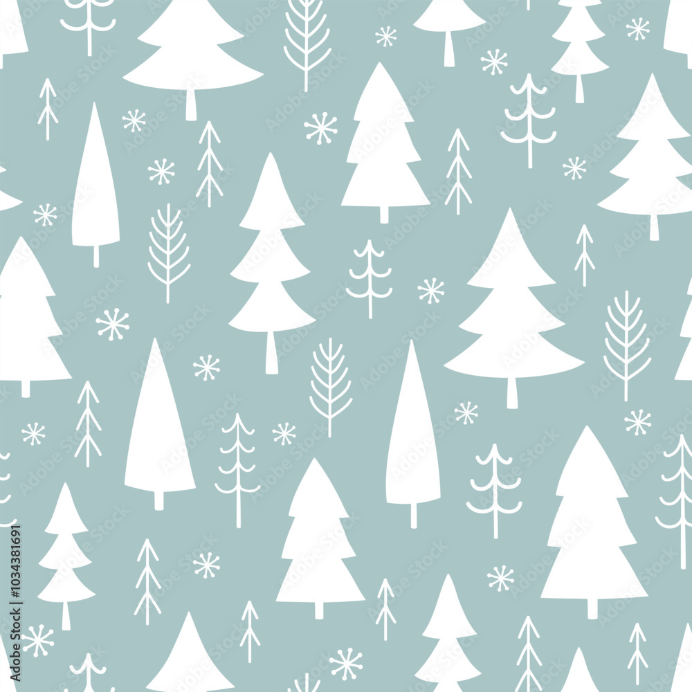 Winter seamless pattern with trees and snowflakes. Christmas background. Vector illustration. It can be used for wallpapers, wrapping, cards, patterns for clothes and other. Winter seamless pattern with trees and snowflakes. Christmas background. Vector illustration. It can be used for wallpapers, wrapping, cards, patterns for clothes and other.