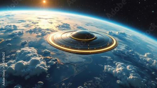 UFO saucer hovered over the planet Earth photo