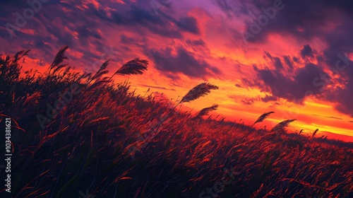 Dry plants crouch in the field in the wind during sunset. 