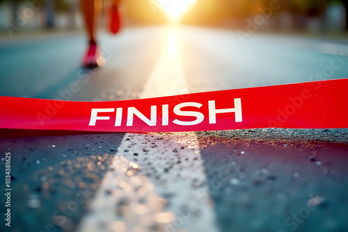 Marathon runner crossing the finish line, breaking the red tape. The sunlit street adds a sense of accomplishment and excitement.