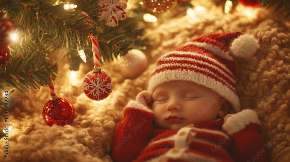 A baby, dressed in a red and white Santa suit, sleeps soundly under a Christmas tree. The tree is decorated with lights and ornaments. The baby's eyes are closed, and its face is peaceful. A baby, dressed in a red and white Santa suit, sleeps soundly under a Christmas tree. The tree is decorated with lights and ornaments. The baby's eyes are closed, and its face is peaceful.