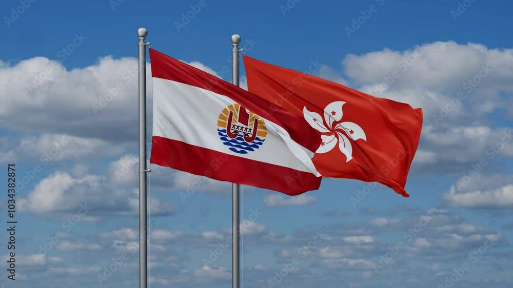 Hong Kong and French Polynesia flags flying together, video concept of the relationship, two country relations concept Hong Kong and French Polynesia flags flying together, video concept of the relationship, two country relations concept