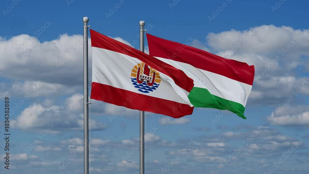 Hungary and French Polynesia flags flying together, video concept of the relationship, two country relations concept Hungary and French Polynesia flags flying together, video concept of the relationship, two country relations concept