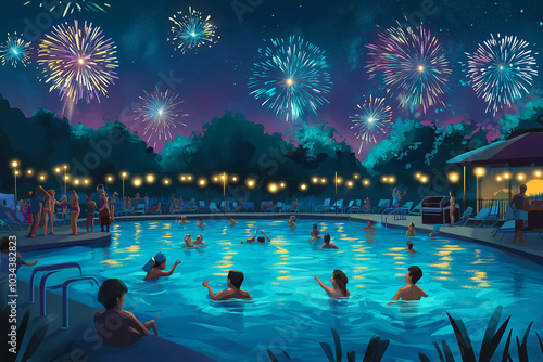 fireworks by the pool for 4th july or new year celebration card background wallpaper