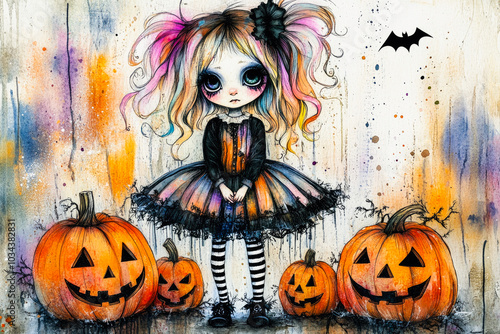 Halloween background painted in watercolor with pumpkin and girl photo