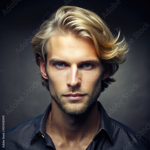 A confident man with blond hair poses for a striking portrait in soft lighting. Generative AI