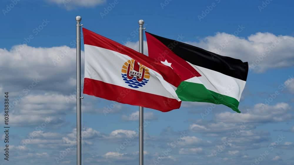Jordan and French Polynesia flags flying together, video concept of the relationship, two country relations concept Jordan and French Polynesia flags flying together, video concept of the relationship, two country relations concept