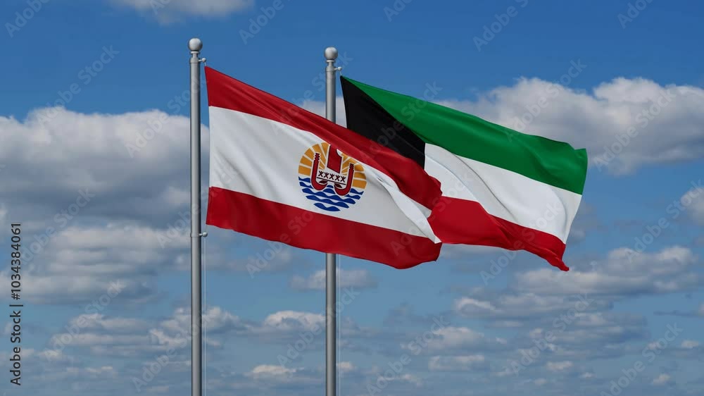 Kuwait and French Polynesia flags flying together, video concept of the relationship, two country cooperation concept Kuwait and French Polynesia flags flying together, video concept of the relationship, two country cooperation concept