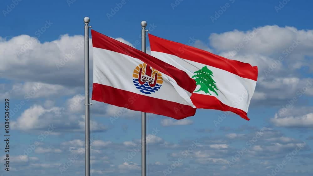 Lebanon and French Polynesia flags flying together, video concept of the relationship, two country cooperation concept Lebanon and French Polynesia flags flying together, video concept of the relationship, two country cooperation concept