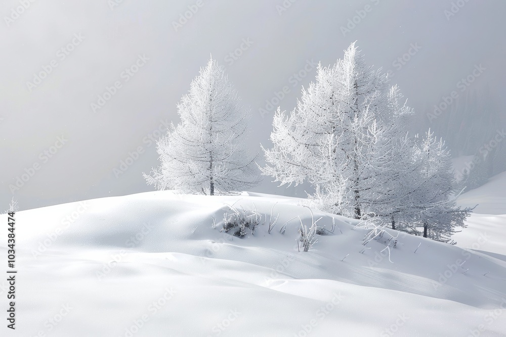 A winter wonderland with delicate snowflakes falling on a pristine landscape. A winter wonderland with delicate snowflakes falling on a pristine landscape.