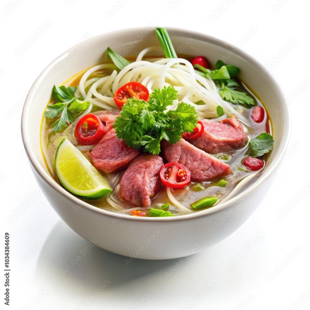 A steaming bowl of pho with rice noodles and tender beef, garnished with herbs. Generative AI A steaming bowl of pho with rice noodles and tender beef, garnished with herbs. Generative AI