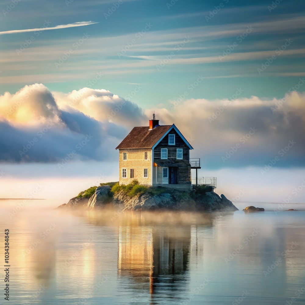 A serene unique house by the calm ocean reflecting in tranquil waters at dawn. Generative AI A serene unique house by the calm ocean reflecting in tranquil waters at dawn. Generative AI