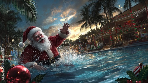 Jolly santa claus enjoying a splashtastic pool party amidst festive decorations and palm trees photo