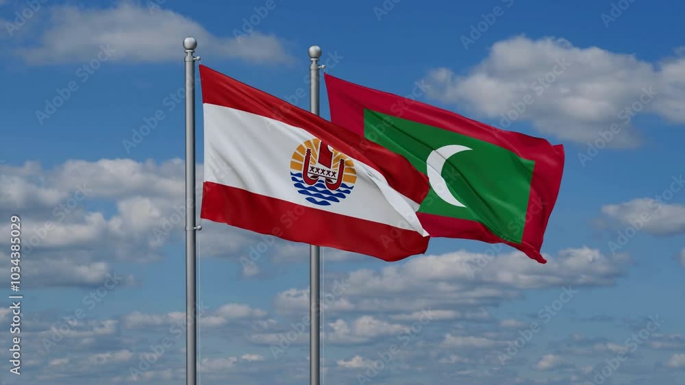 Maldives and French Polynesia flags flying together, video concept of the relationship, two country relations concept Maldives and French Polynesia flags flying together, video concept of the relationship, two country relations concept