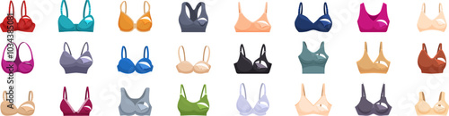 Nursing bra icons set. Nursing bra collection presenting various colors and models of this specific lingerie item, isolated on white background