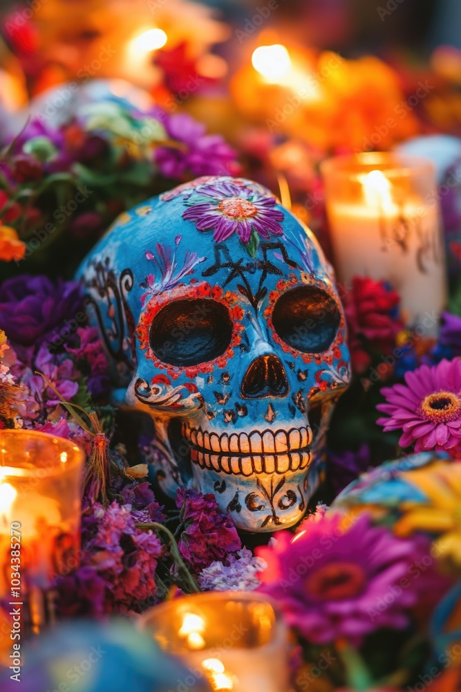 Sugar Skull with Flowers and Candles Sugar Skull with Flowers and Candles
