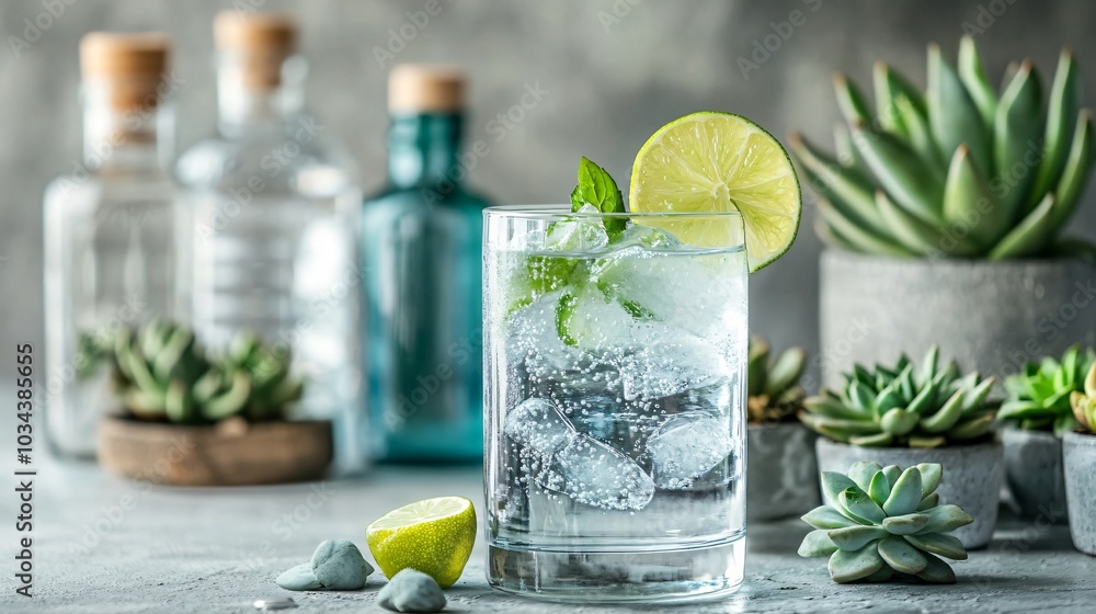 Bubbly Ranch Water with a lime garnish, isolated on a light gray surface, surrounded by decorative tequila bottles and mini succulents Bubbly Ranch Water with a lime garnish, isolated on a light gray surface, surrounded by decorative tequila bottles and mini succulents