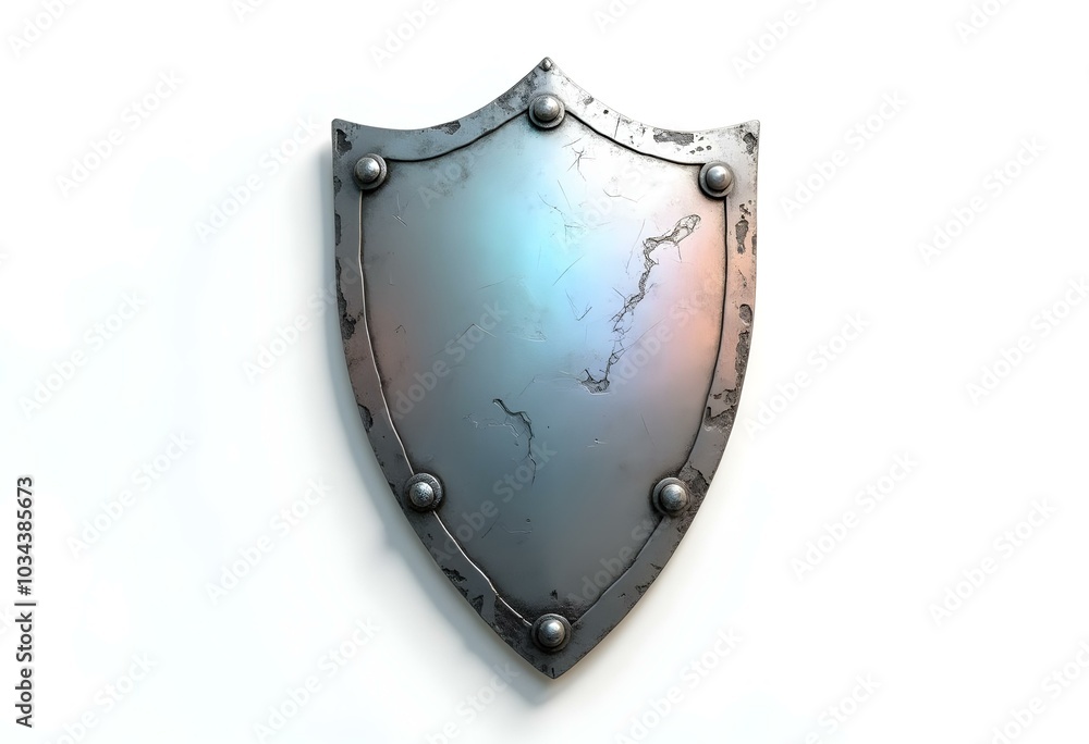 a tarnished silver shield with scratches and dents, isolated against a clean white canvas create with ai a tarnished silver shield with scratches and dents, isolated against a clean white canvas create with ai
