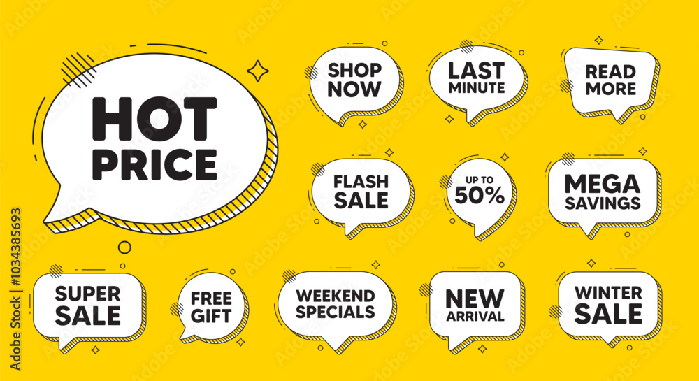 Obraz premium Offer speech bubble icons. Hot Price tag. Special offer Sale sign. Advertising Discounts symbol. Hot price chat offer. Speech bubble discount banner. Text box balloon. Vector