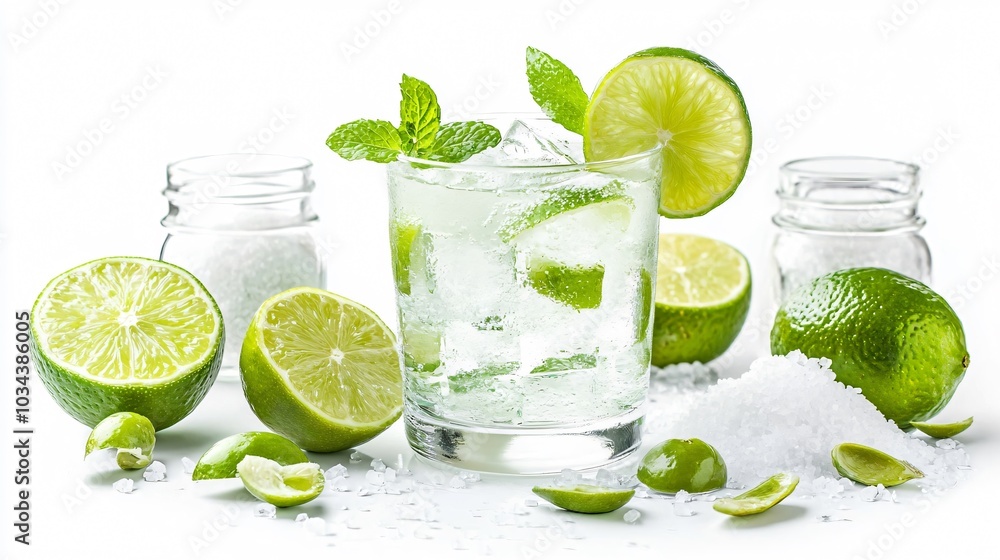 Classic Ranch Water cocktail, isolated on a white background with decorative lime wedges and small jars of salt Classic Ranch Water cocktail, isolated on a white background with decorative lime wedges and small jars of salt