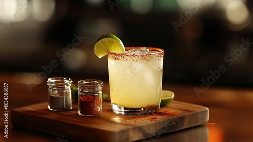 Crisp Ranch Water cocktail with lime garnish, isolated on a wooden board with decorative chili powder and small jars of agave syrup