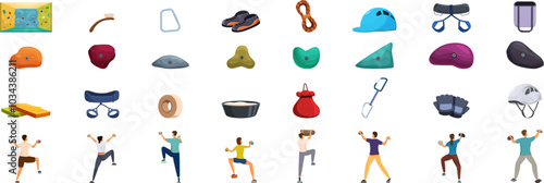 Bouldering gym icons set. Climbers training at gym, climbing club or center, active lifestyle and bouldering concept