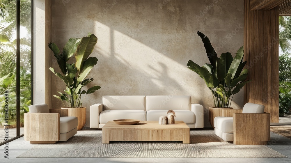 Modern living room with white sofa, wooden furniture, and tropical plants Modern living room with white sofa, wooden furniture, and tropical plants