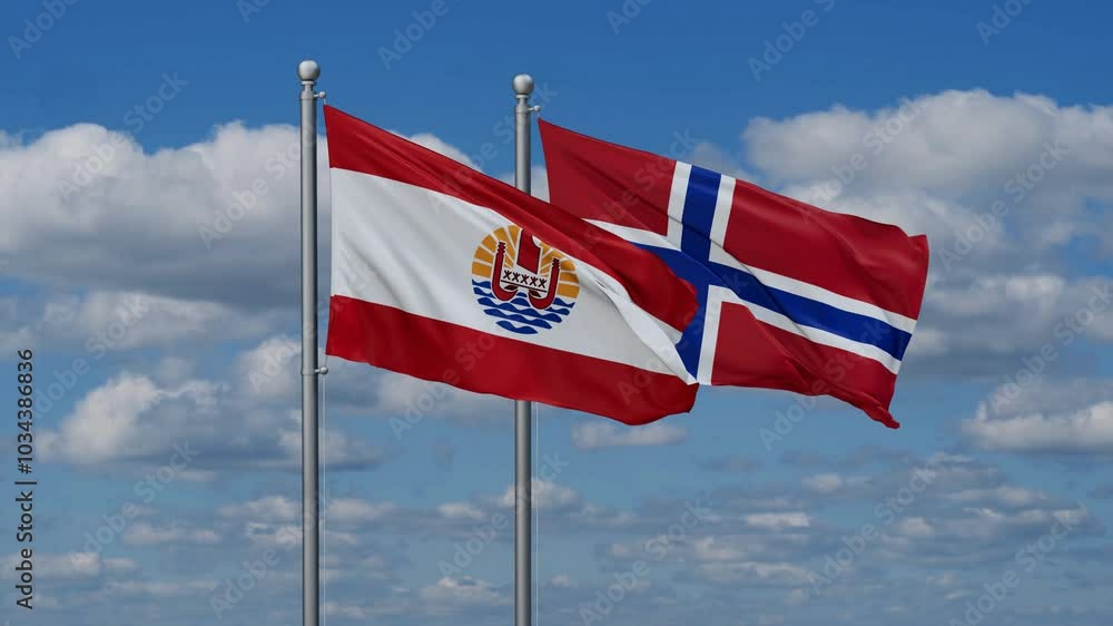 Norway and French Polynesia flags flying together, video concept of the relationship, two country relations concept Norway and French Polynesia flags flying together, video concept of the relationship, two country relations concept