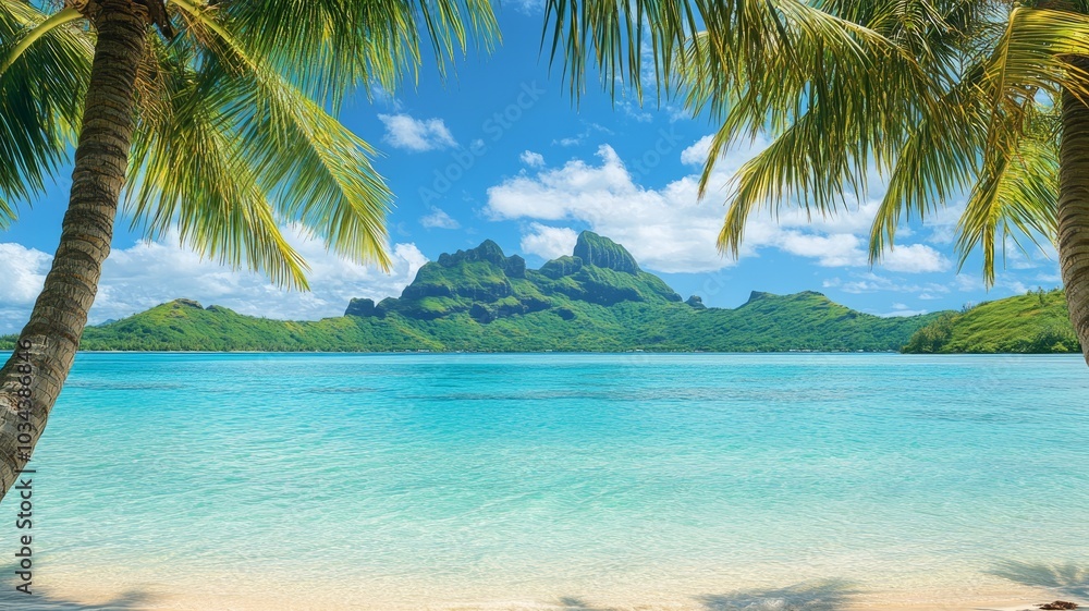 Tranquil tropical beach with turquoise water, white sand, palm trees, and a mountain in the distance under a blue sky with clouds. Tranquil tropical beach with turquoise water, white sand, palm trees, and a mountain in the distance under a blue sky with clouds.