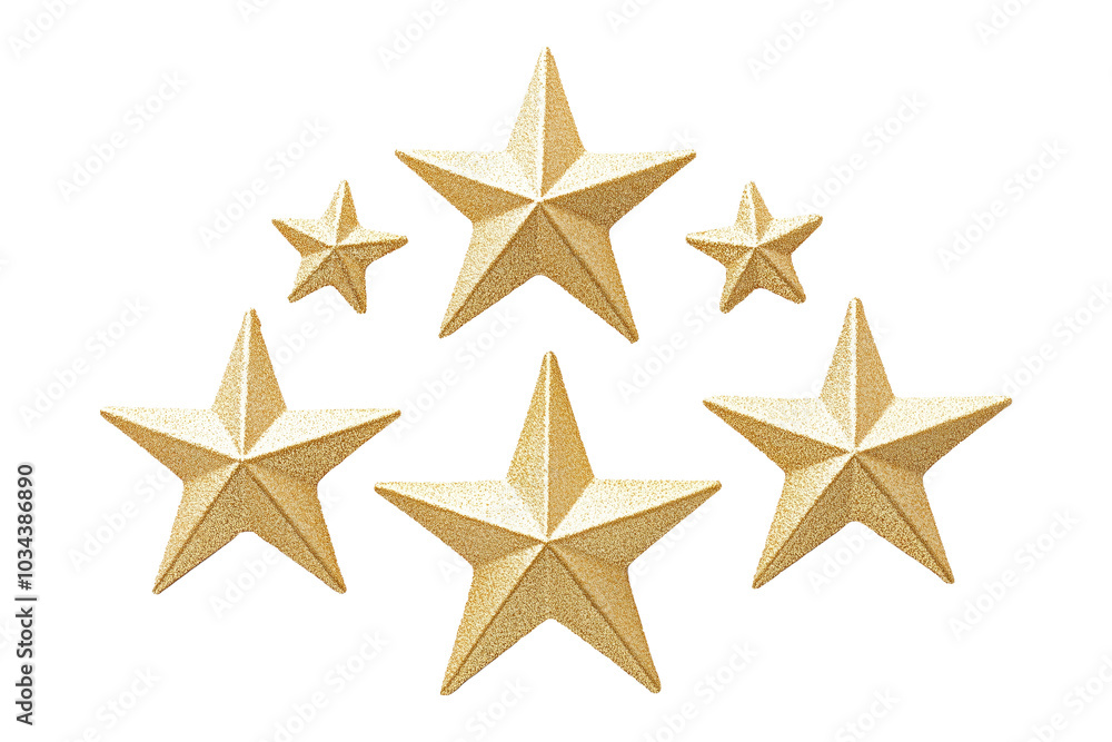 A shiny golden star with a textured surface, isolated on white background, representing Christmas festive decoration.