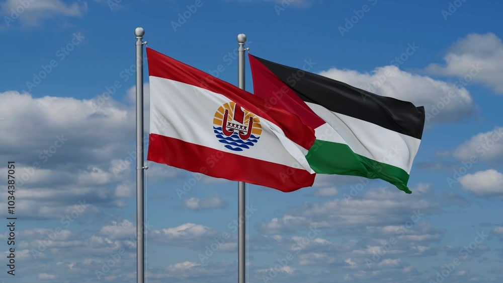 Palestine and Gaza Strip and French Polynesia two flags waving together on blue , video concept of the relationship Palestine and Gaza Strip and French Polynesia two flags waving together on blue , video concept of the relationship