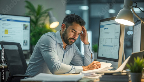 An overworked man is working late at the office