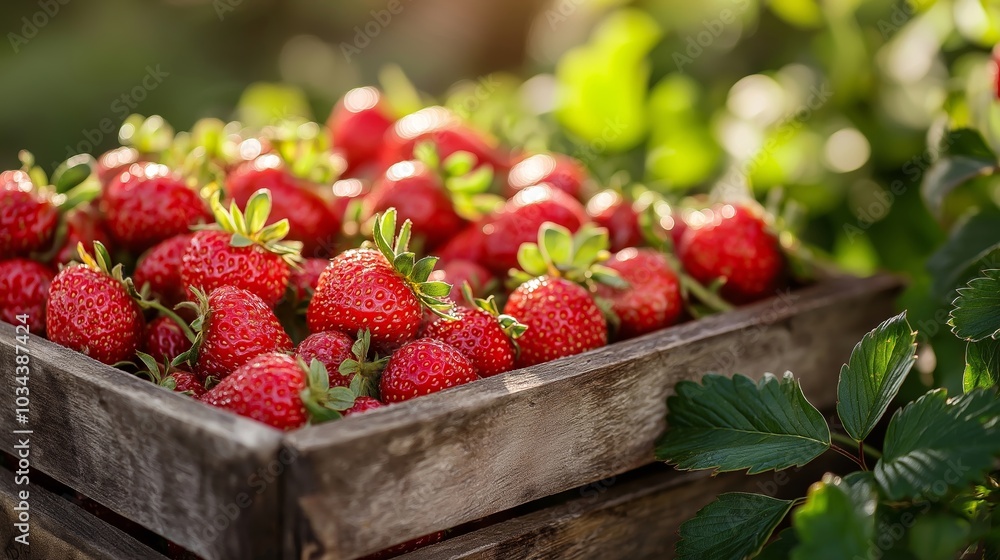 A Beautiful Crate of Fresh, Ripe Strawberries in a Sunny Garden, Perfectly Ready for Enjoyment and Snacking Delight A Beautiful Crate of Fresh, Ripe Strawberries in a Sunny Garden, Perfectly Ready for Enjoyment and Snacking Delight