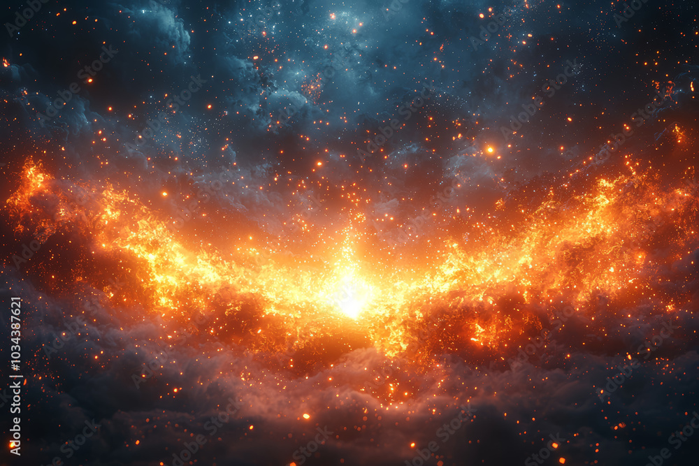 A small spark igniting a massive explosion, symbolizing the creation of a new reality. Concept of cosmic creation. A small spark igniting a massive explosion, symbolizing the creation of a new reality. Concept of cosmic creation.