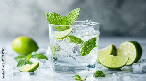 Wallpaper Mural Refreshing Ranch Water in a glass with ice cubes, isolated on a marble background with decorative lime wedges and mint sprigs Torontodigital.ca