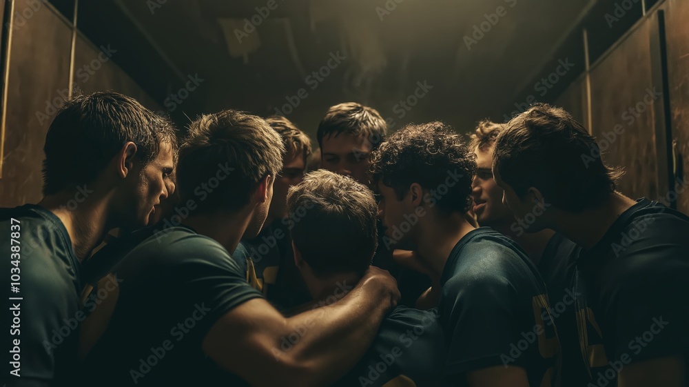 Fototapeta premium Diverse Male Athletes Unite in Locker Room Before Match, Ready to Face Challenges with Determination