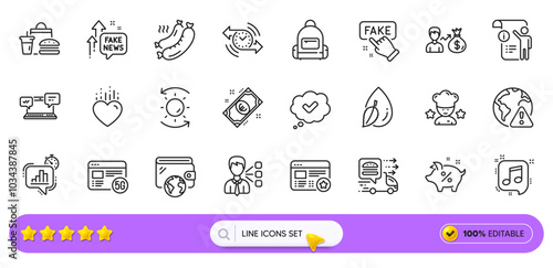 Heart, Food delivery and Internet warning line icons for web app. Pack of Manual doc, Fast food, Best chef pictogram icons. Sun protection, 5g internet, Grilled sausage signs. Favorite. Vector